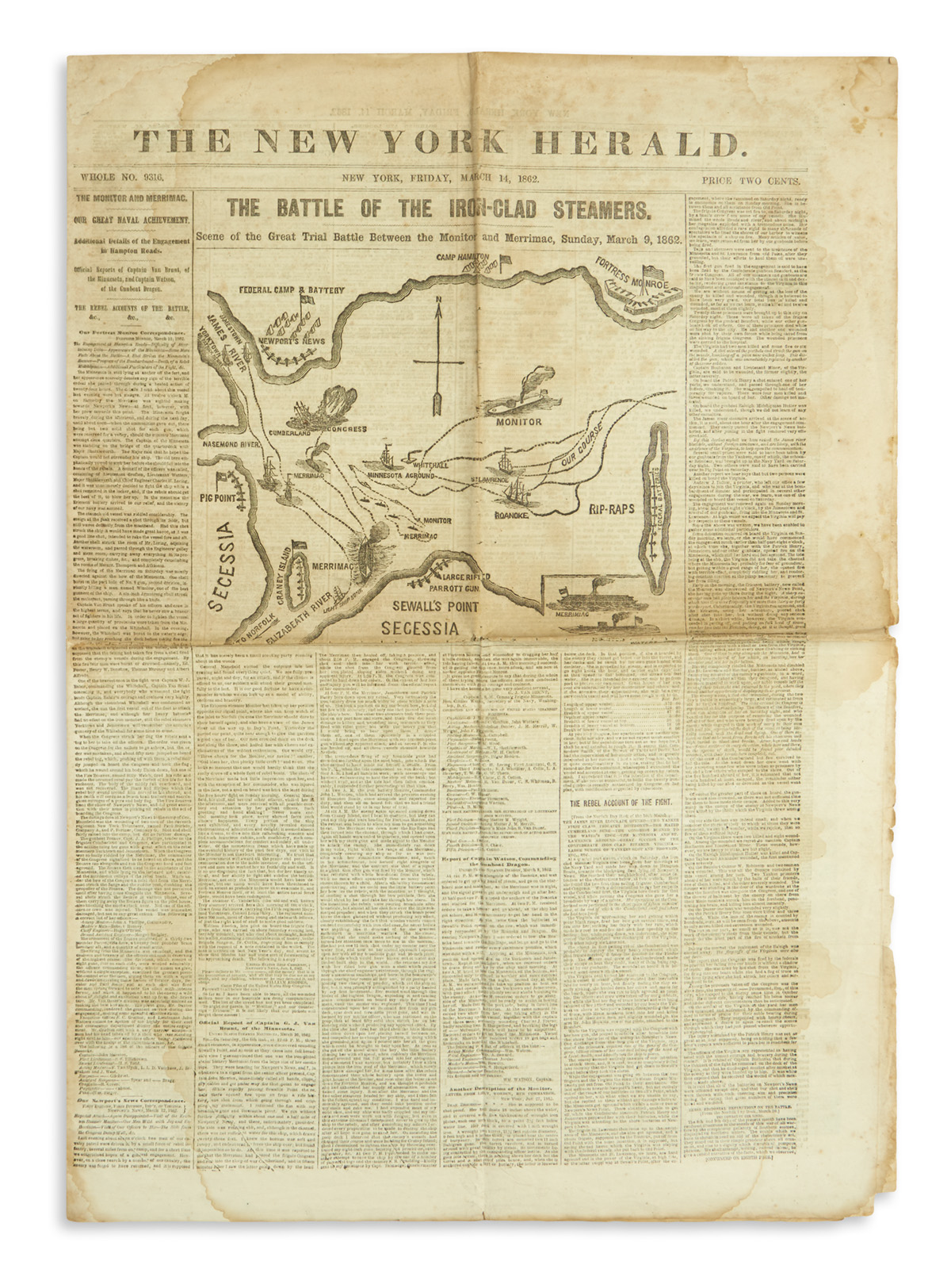 (CIVIL WAR.) Issue of the New York Herald featuring a large cover illustration of the Monitor and Merrimac.